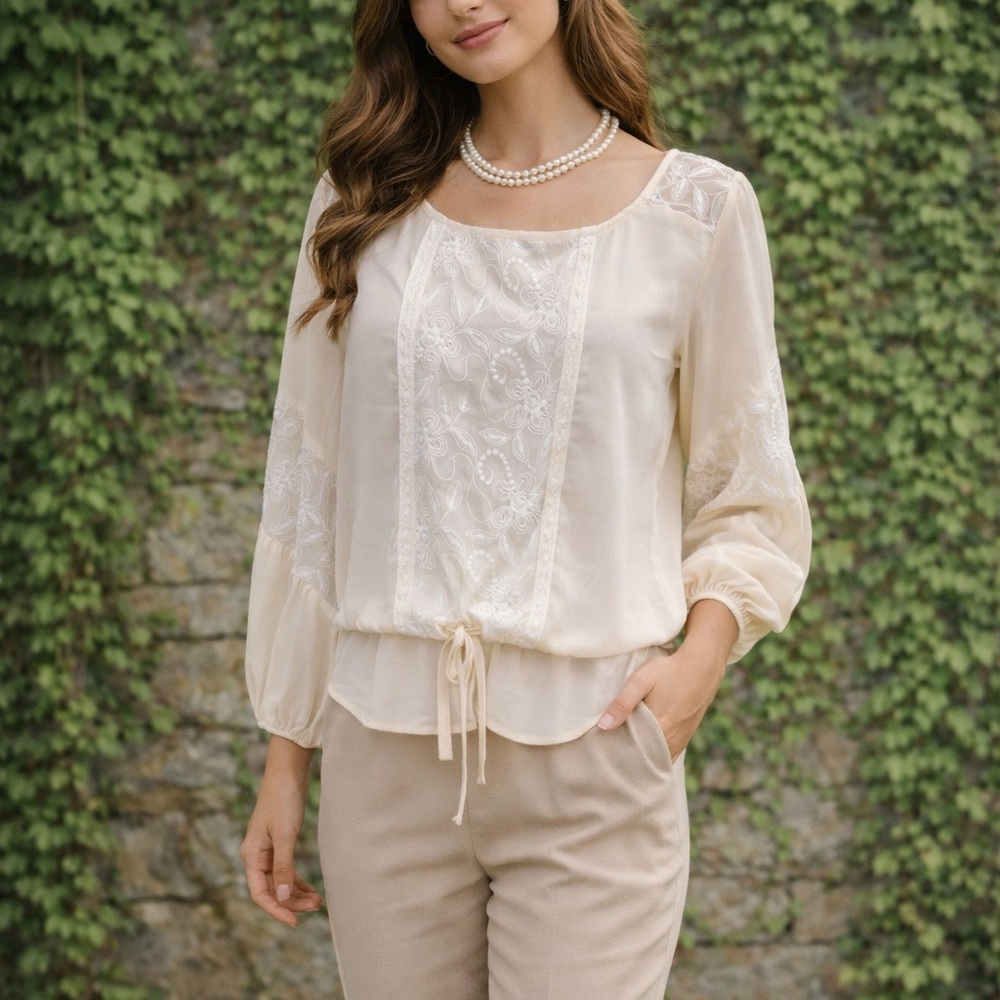 DILLARDS GB Ivory Boho Peasant Blouse, S